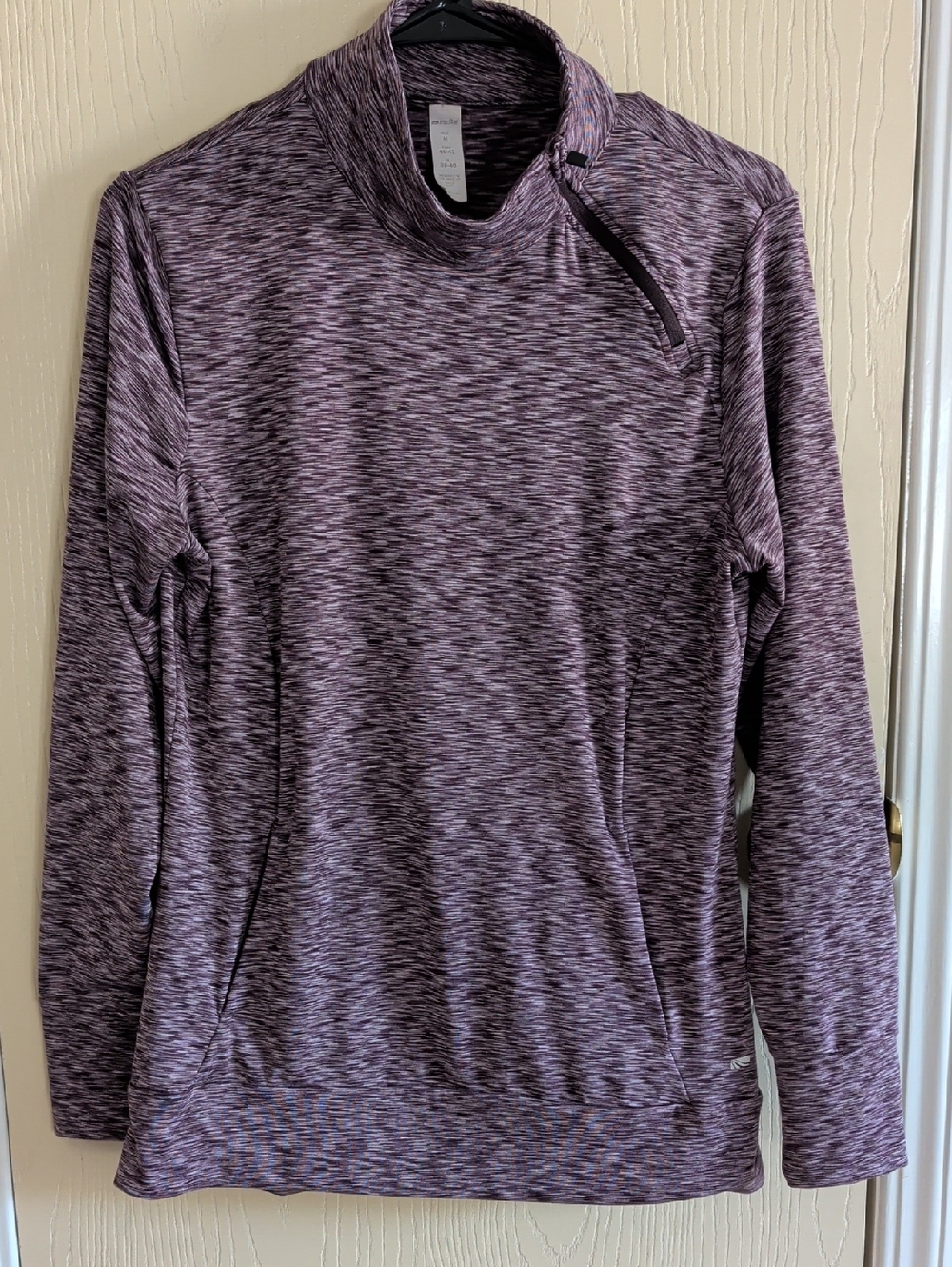 Marika Heathered Plum Active Pullover Kangaroo Pocket/Diagonal Zip Top - Size M